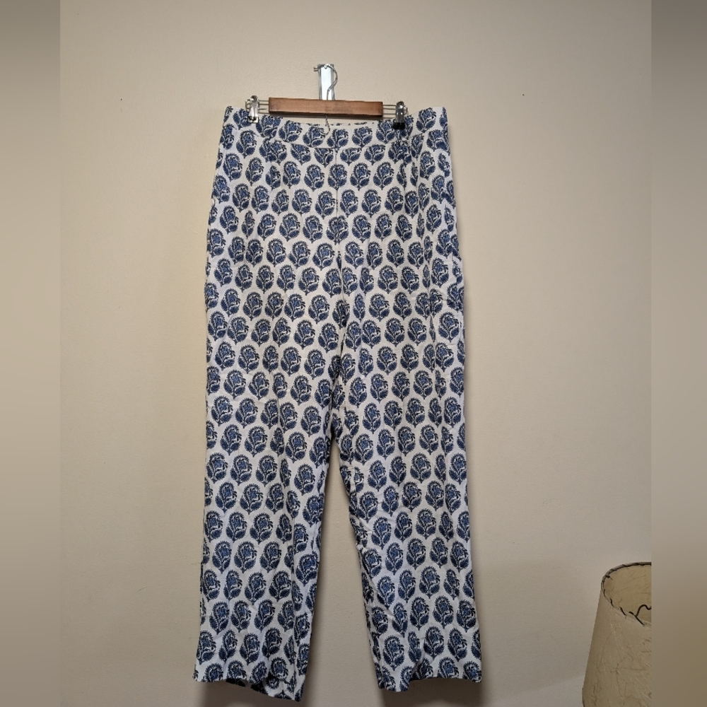 J.Crew Linen Blend Wide Leg Pants Size 14 Blue White Paisley Boho Lined